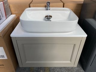 (COLLECTION ONLY) WALL HUNG 1 DRAWER COUNTERTOP SINK UNIT IN MOCHA WITH WHITE COUNTERTOP 670 X 400MM WITH A COUNTERTOP BASIN COMPLETE WITH A MONO BASIN MIXER TAP AND CHROME SPRUNG WASTE RRP £675: LOC