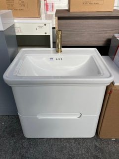 (COLLECTION ONLY) WALL HUNG 2 DRAWER SINK UNIT IN WHITE WITH A 630 X 480MM CERAMIC SINK COMPLETE WITH A MONO BASIN MIXER TAP AND SPRUNG WASTE RRP £615: LOCATION - D3