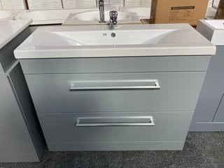 (COLLECTION ONLY) FLOOR STANDING 2 DRAWER SINK UNIT IN GLOSS GREY WITH A 1100 X 400MM CERAMIC BASIN COMPLETE WITH A MONO BASIN MIXER TAP AND CHROME SPRUNG WASTE RRP £825: LOCATION - D3