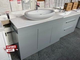 (COLLECTION ONLY) FLOOR STANDING 3 DRAWER SINK UNIT IN GLOSS GREY WITH A WHITE COUNTERTOP 1340 X 500MM WITH A VITRA VESSEL BASIN COMPLETE WITH A MONO BASIN MIXER TAP AND CHROME SPRUNG WASTE RRP £1325