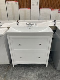 (COLLECTION ONLY) FLOOR STANDING SINK UNIT IN WHITE WITH A 810 X 400MM CERAMIC BASIN COMPLETE WITH A MONO BASIN MIXER TAP AND CHROME SPRUNG WASTE (SLIGHT REPAIRABLE DAMAGE TO BOTH SIDES OF UNIT): LOC