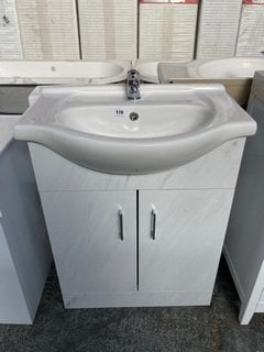 (COLLECTION ONLY) FLOOR STANDING 2 DOOR SEMI RECESSED SINK UNIT IN MARBLE EFFECT WITH A 650 X 430MM SEMI RECESSED BASIN COMPLETE WITH A MONO BASIN MIXER TAP AND CHROME SPRUNG WASTE RRP £695: LOCATION