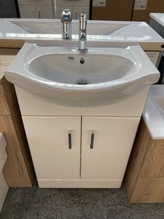 (COLLECTION ONLY) FLOOR STANDING SINK UNIT IN WHITE WITH A 550 X 420MM SEMI RECESSED CERAMIC BASIN COMPLETE WITH A MONO BASIN MIXER TAP AND SPRUNG WASTE RRP £695: LOCATION - D4