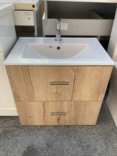 (COLLECTION ONLY) WALL HUNG 2 DRAWER SINK UNIT IN DRIFTWOOD WITH A 610 X 400MM CERAMIC BASIN MONO BASIN MIXER AND CHROME SPRUNG WASTE RRP £695: LOCATION - D4