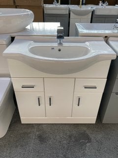 (COLLECTION ONLY) FLOOR STANDING 3 DOOR 2 DRAWER SEMI RECESSED SINK UNIT IN GLOSS WHITE WITH A 840 X 470MM SEMI RECESSED CERAMIC BASIN COMPLETE WITH A MONO BASIN MIXER TAP AND CHROME SPRUNG WASTE RRP