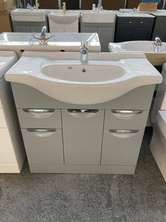 (COLLECTION ONLY) FLOOR STANDING 3 DOOR 2 DRAWER SINK UNIT IN GLOSS GREY WITH A 840 X 470MM SEMI RECESSED CERAMIC BASIN COMPLETE WITH A MONO BASIN MIXER TAP AND CHROME SPRUNG WASTE RRP £725: LOCATION