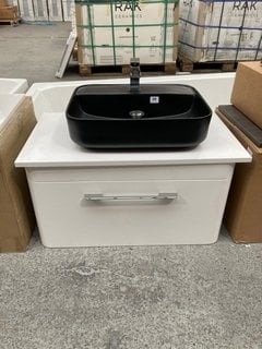 (COLLECTION ONLY) WALL HUNG 1 DRAWER COUNTERTOP SINK UNIT IN WHITE 800 X 460MM WITH A BLACK 1TH CERAMIC BASIN COMPLETE WITH A WATERFALL SPOUT MONO BASIN MIXER TAP & CHROME SPRUNG WASTE - RRP £820: LO