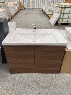 (COLLECTION ONLY) VITRA FLOOR STANDING 2 DOOR SINK UNIT IN OAK WITH A 920 X 500MM 1TH CERAMIC BASIN COMPLETE WITH A WATERFALL SPOUT MONO BASIN MIXER TAP & CHROME SPRUNG WASTE - RRP £1198: LOCATION -