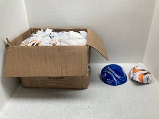 BOX OF M.Y PANEL STITCHED PREMIER FOOTBALLS IN WHITE/ORANGE AND BLUE/WHITE -SIZE 5: LOCATION - G1