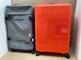 EASTPAK LARGE FABRIC WHEELED SUITCASE IN GREY TO INCLUDE JOHN LEWIS & PARTNERS LARGE WHEELED HARDSHELL SUITCASE IN ORANGE: LOCATION - G12