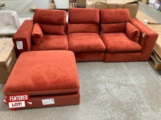 LARGE 3 SEATER MODULAR SOFA WITH MATCHING FOOTSTOOL IN RUST RED ORANGE VELVET: LOCATION - B1