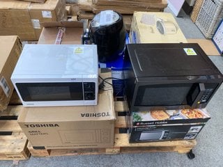 PALLET OF ASSORTED APPLIANCE ITEMS TO INCLUDE RUSSELL HOBBS MICROWAVE IN BLACK: LOCATION - A6 (KERBSIDE PALLET DELIVERY)