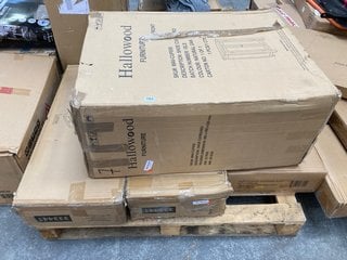 PALLET OF ASSORTED FURNITURE ITEMS TO INCLUDE HALLOWOOD SHOE CUPBOARD IN NATURAL OAK: LOCATION - A7 (KERBSIDE PALLET DELIVERY)