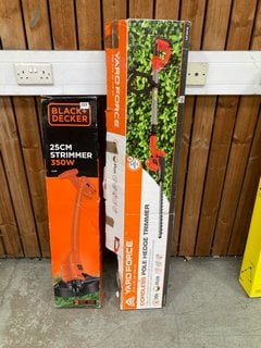 BLACK & DECKER 25CM STRIMMER 350W TO INCLUDE YARDFORCE CORDLESS POLE HEDGE TRIMMER: LOCATION - A3