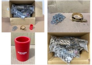 QTY OF ASSORTED PARTS TO INCLUDE MISHIMOTO 2.25" CLAMP IN GOLD PART NO: MMCLAMP-225GD: LOCATION - A3