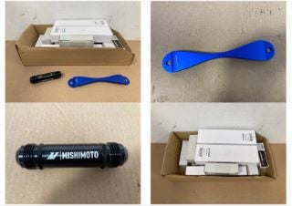 QTY OF MISHIMOTO SUBARU BATTERY TIE DOWNS IN ANODIZED BLUE PART NO: MMTD-SUB-BL TO INCLUDE MISHIMOTO INLINE ORE-FILTER 12AN PART NO: MMOC-PF-12: LOCATION - A3