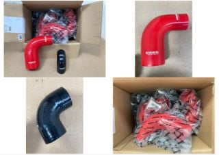 4 X MISHIMOTO SILICONE REDUCER COUPLERS 90 DEGREE 2.25" TO 3" IN RED PART NO: MMCP-R90-22530RD TO INCLUDE QTY OF MISHIMOTO 2" 90 DEGREE COUPLERS IN BLACK PART NO: MMCP-2090BK: LOCATION - A4