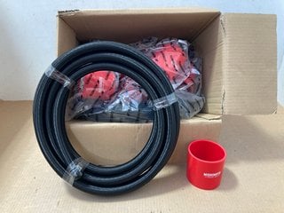 2 X MISHIMOTO BRAIDED 10AN 15 FT HOSE IN BLACK PART NO: MMSBH-10180-CB TO INCLUDE QTY OF MISHIMOTO 3" STRAIGHT COUPLERS IN RED PART NO: MMCP-30SRD: LOCATION - AR4