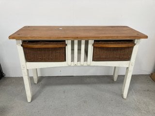 2 DRAWER CREAM & WOODEN SIDEBOARD WITH DARK WICKER BASKET DRAWERS: LOCATION - BR19