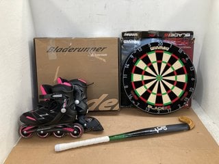 3 X ASSORTED ITEMS TO INCLUDE BLADE 6 TRIPLE CORE CARBON DART BOARD: LOCATION - E9