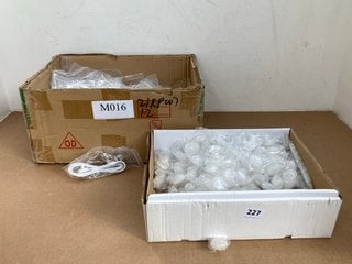 BOX OF ASSORTED SHAPED WHITE STONES TO INCLUDE BOX OF USB CONNECT CHARGING WIRES: LOCATION - E15