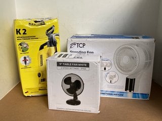 3 X ASSORTED APPLIANCES TO INCLUDE 9'' TABLE FAN IN WHITE , KARCHER HIGH PRESSURE WASHER: LOCATION - E16