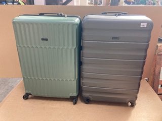 2 X JOHN LEWIS AND PARTNERS MEDIUM SIZED HARDSHELL TRAVEL SUITCASES IN GREEN AND GREY: LOCATION - E18