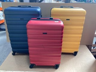 3 X JOHN LEWIS AND PARTNERS LARGE SIZED HARDSHELL TRAVEL SUITCASES IN NAVY , RED AND YELLOW: LOCATION - F18