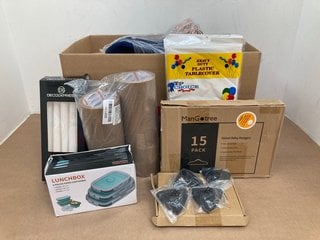 QTY OF ASSORTED ITEMS TO INCLUDE MULTIPACK OF VELVET CLOTHES HANGERS IN NAVY , DUCK TAPE ORIGINAL TAPE ROLL: LOCATION - F12