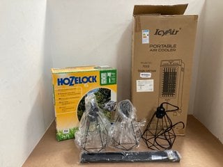 3 X ASSORTED ITEMS TO INCLUDE HOZELOCK 2 IN 1 60M HOSE REEL , ICYAIR PORTABLE AIR COOLER MODEL: 703D: LOCATION - G0