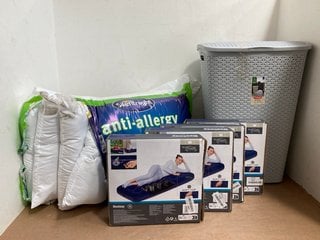 7 X ASSORTED ITEMS TO INCLUDE SILENT NIGHT ANTI ALLERGY 4 PACK PILLOWS , 4 X BESTWAY SINGLE SIZE INFLATABLE AIR BEDS: LOCATION - G1