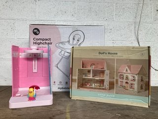 3 X ASSORTED CHILDRENS ITEMS TO INCLUDE LITTLE DUTCH DOLL'S HOUSE , MY BABIIE COMPACT HIGH CHAIR: LOCATION - G8