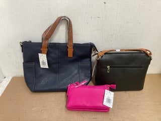 3 X ASSORTED WOMENS SHOULDER BAGS IN PINK , BLACK/BROWN AND NAVY IN VARIOUS SIZES: LOCATION - G12