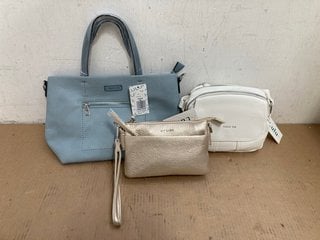 3 X ASSORTED WOMENS SHOULDER BAGS IN WHITE , GOLD AND BLUE IN VARIOUS SIZES: LOCATION - G12