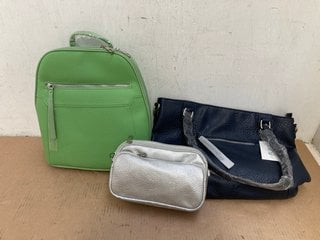 3 X ASSORTED WOMENS SHOULDER BAGS IN GREEN , SILVER AND BLUE IN VARIOUS SIZES: LOCATION - G12