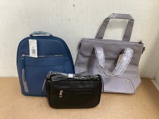 3 X ASSORTED WOMENS SHOULDER BAGS IN NAVY , BLACK AND PURPLE IN VARIOUS SIZES: LOCATION - G12