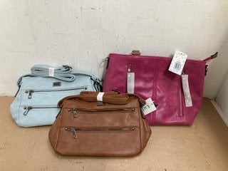 3 X ASSORTED WOMENS SHOULDER BAGS IN PINK , BROWN AND BLUE IN VARIOUS SIZES: LOCATION - G12