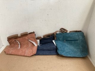 3 X ASSORTED WOMENS SHOULDER BAGS IN TEAL , BROWN AND BLUE IN VARIOUS SIZES: LOCATION - G12