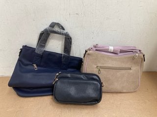 3 X ASSORTED WOMENS SHOULDER BAGS IN NAVY , BROWN AND BLACK IN VARIOUS SIZES: LOCATION - G12