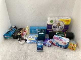 QTY OF ASSORTED ITEMS TO INCLUDE MULTIPACK OF ANDREX SUPREME QUILTS TOILET PAPER: LOCATION - E3