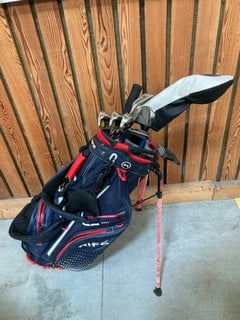 RIFE AIR CHANNEL COOLER GOLF STAND BAG IN NAVY AND RED TO INCLUDE QTY OF ASSORTED GOLF CLUBS: LOCATION - D7