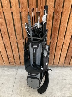 BENROSS GOLF CADDY BAG IN BLACK AND GREY TO INCLUDE QTY OF ASSORTED GOLF CLUBS: LOCATION - D7