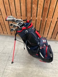 RIFE WATERPROOF DRY DESIGN GOLF STAND BAG IN NAVY/RED TO INCLUDE QTY OF ASSORTED GOLF CLUBS: LOCATION - D7