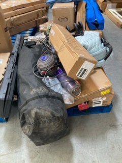 PALLET OF ASSORTED ITEMS TO INCLUDE DYSON BALL UPRIGHT VACUUM CLEANER AND MYBABIIE STROLLER IN LIGHT BLUE AND BLACK: LOCATION - B9 (KERBSIDE PALLET DELIVERY)