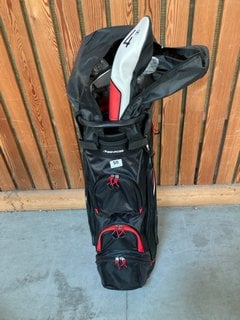 BENROSS GOLF CADDY BAG IN BLACK AND RED TO INCLUDE QTY OF ASSORTED GOLF CLUBS: LOCATION - D7