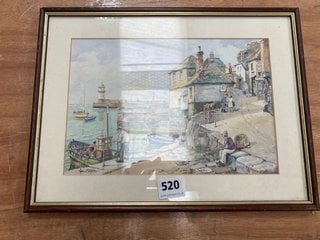 (COLLECTION ONLY) WATERCOLOUR FRAMED CANVAS DEPICTING A SEASIDE FISHING VILLAGE IN A DARK WOOD AND BRASS INLAY FRAME: LOCATION - C9