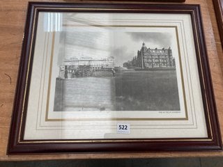 (COLLECTION ONLY) THE 1ST TEE ST ANDREWS BLACK AND WHITE MOUNTED WALL CANVAS IN DARK WOOD AND BRASS FRAME: LOCATION - C9