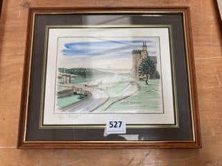 (COLLECTION ONLY) WATERCOLOUR FRAMED CANVAS DEPICTING LANSETT RESERVOIR IN A WHITE AND CHARCOAL MOUNTING WITH GOLD PINSTRIPING AND AN ACACIA WOOD AND BRASS FRAME: LOCATION - C9