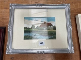 (COLLECTION ONLY) M.HAYNES WATERCOLOUR CANVAS PICTURE DEPICTING FARMLAND WITH LAKESIDE BARN IN IVORY MOUNTING WITH SILVER COLOUR ORNATE STYLE FRAME: LOCATION - C9