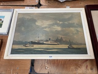 (COLLECTION ONLY) CANVAS PAINTING DEPICTING A LARGE STEAMER SHIP WITH CITYSCAPE BACKGROUND IN A WHITE AND IVORY FRAME: LOCATION - C9